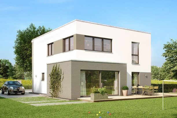 FingerHaus MEDLEY 300 – zweigeschossiges Einfamilienhaus mit Flachdach, heller Putzfassade und großen Fenstern. Im Vordergrund eine Rasenfläche mit Tisch, Stühlen und Pflanzen, im Hintergrund Bäume und blauer Himmel.