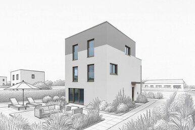 Modernes, kubisches Fertighaus mit drei Stockwerken, Terrasse mit Gartenmöbeln und Liegestühlen, umgeben von Hecken und Pflanzen, im Hintergrund weitere ähnliche Häuser und ein Gewässer