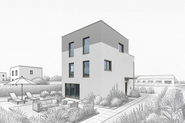 Modernes, kubisches Fertighaus mit drei Stockwerken, Terrasse mit Gartenmöbeln und Liegestühlen, umgeben von Hecken und Pflanzen, im Hintergrund weitere ähnliche Häuser und ein Gewässer