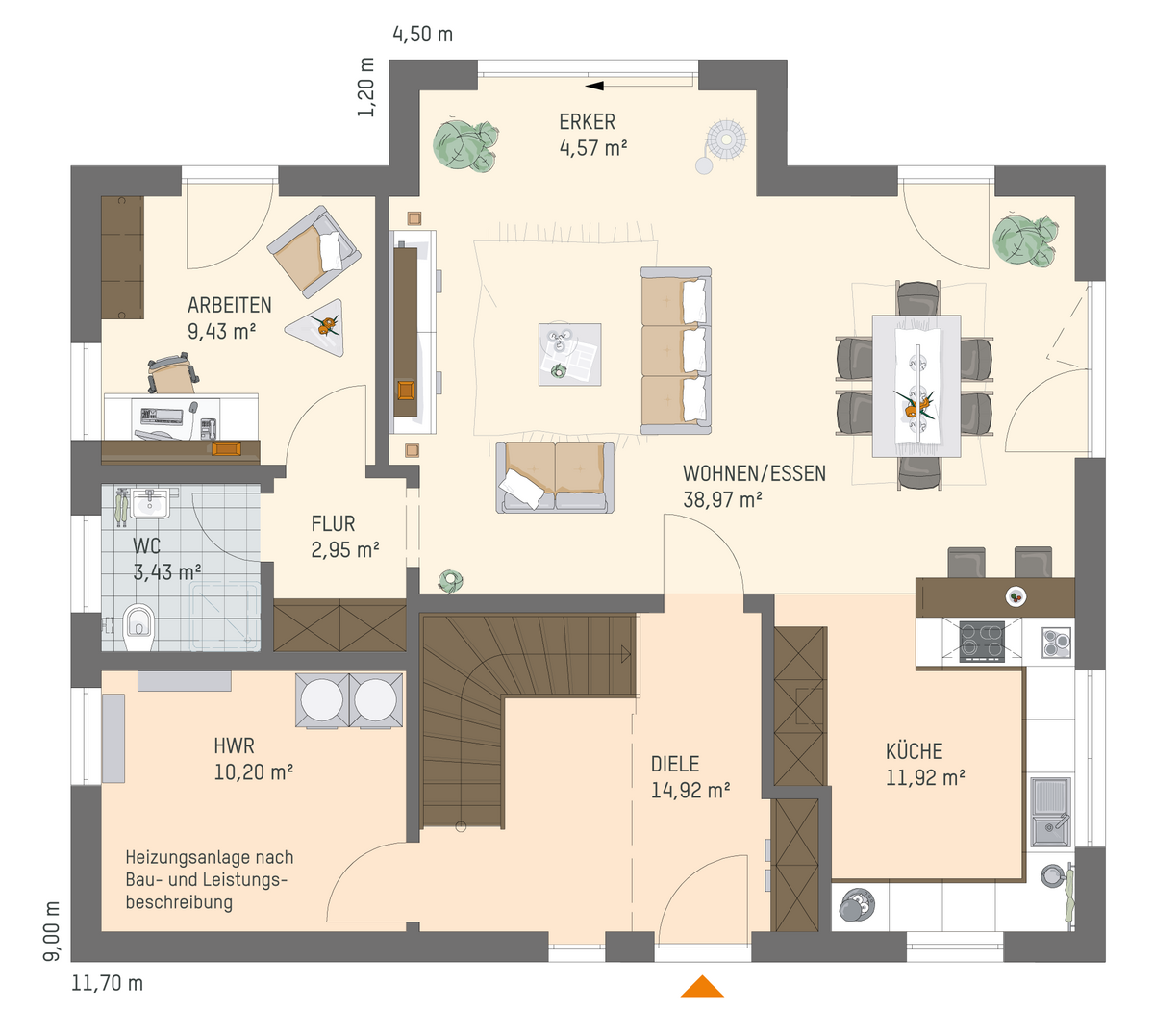 Linienzeichnung des FingerHaus-Einfamilienhauses JUNO 400 Grundriss mit Erker und beschrifteten Wohnbereichen.