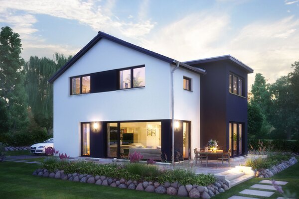 FingerHaus MEDLEY 411 – modernes zweigeschossiges Einfamilienhaus mit Satteldach, weiß-grauer Fassade und großen Fenstern in Abendstimmung. Die Innenbeleuchtung leuchtet durch die Glasflächen, im Garten befinden sich Rasen, Steinweg und Blumenbeete.