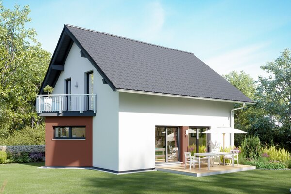 FingerHaus VIO 150 – modernes Einfamilienhaus mit Satteldach, weißer Fassade und spitzem Erkeranbau mit Balkon. Im Garten sind Terrasse, Rasenfläche und Blühpflanzen zu sehen.