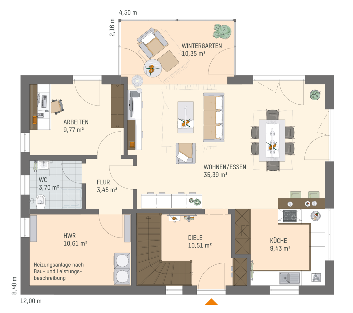 FingerHaus Einfamilienhaus Grundriss JUNO mit beschrifteten Räumen wie Wintergarten, Wohnen/Essen, Küche, Diele, HWR, Flur, WC und Arbeiten.