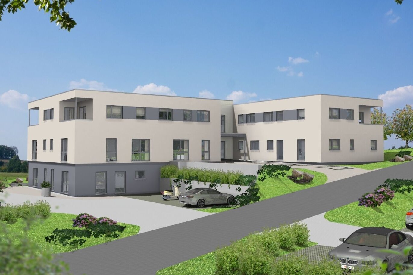 FingerHaus Objektbau Gesundheitszentrum in Burgwald-Bottendorf, moderne Gebäudekomplexe mit Parkplätzen und Grünanlagen.