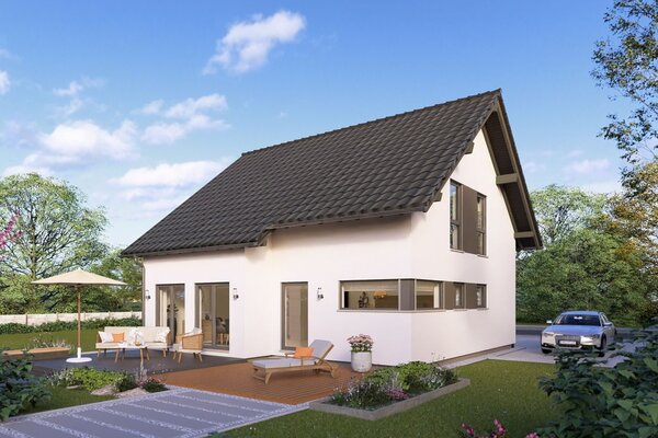 Modernes FingerHaus Fertighaus als Aktionshaus mit Satteldach, großen Fenstern und Terrasse mit Gartenmöbeln in grüner Umgebung