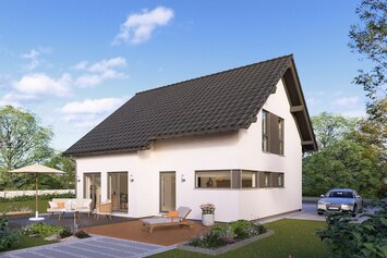 Modernes FingerHaus Fertighaus als Aktionshaus mit Satteldach, großen Fenstern und Terrasse mit Gartenmöbeln in grüner Umgebung