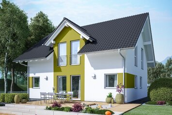 FingerHaus VIO 300 – modernes Einfamilienhaus mit Satteldach, weiß-gelber Fassade und Querhausgiebel. Im Vorgarten befinden sich Rasenfläche, gepflasterter Weg und Beete mit Blumen.