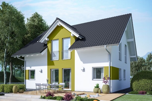 FingerHaus VIO 300 – modernes Einfamilienhaus mit Satteldach, weiß-gelber Fassade und Querhausgiebel. Im Vorgarten befinden sich Rasenfläche, gepflasterter Weg und Beete mit Blumen.