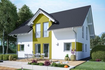 FingerHaus VIO 300 – modernes Einfamilienhaus mit Satteldach, weiß-gelber Fassade und Querhausgiebel. Im Vorgarten befinden sich Rasenfläche, gepflasterter Weg und Beete mit Blumen.