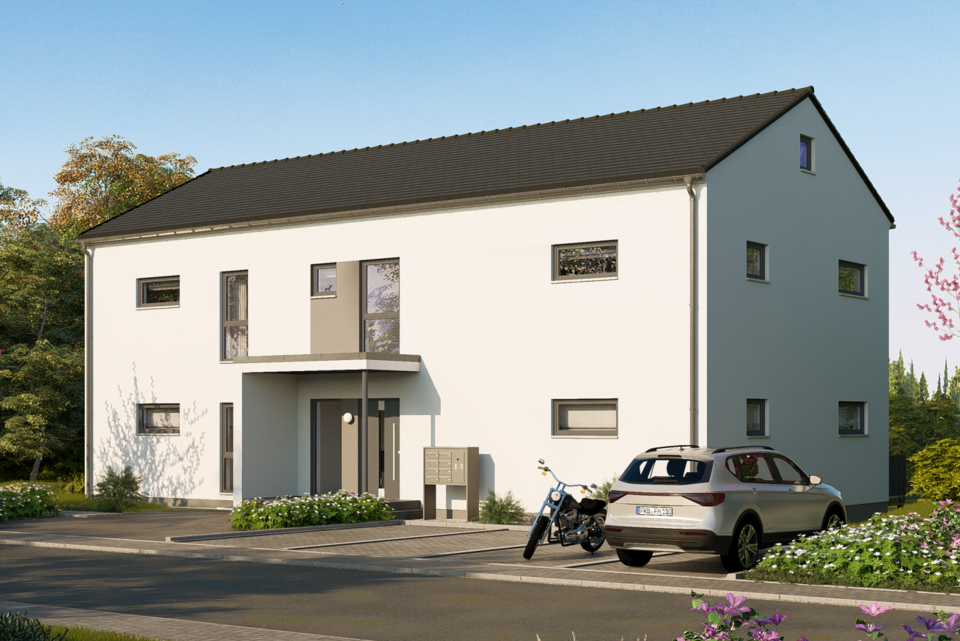 FingerHaus URBIS 400 mit Satteldach, hellem Außenputz und Vorgartenbereich.