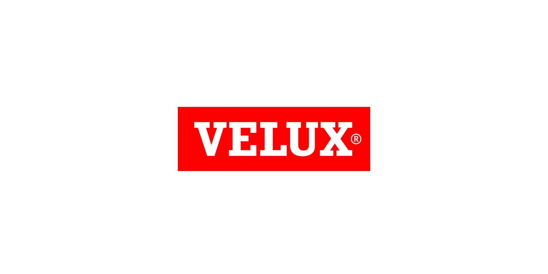 Logo „VELUX“ mit weißem Schriftzug auf rotem Rechteck