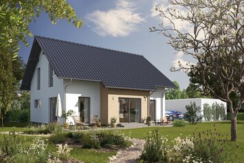 Fertighaus FingerHaus JUNO 200 mit heller Fassade, dunklem Satteldach und Gartenweg aus Kies, umgeben von blühenden Pflanzen und Rasen im Sonnenschein.