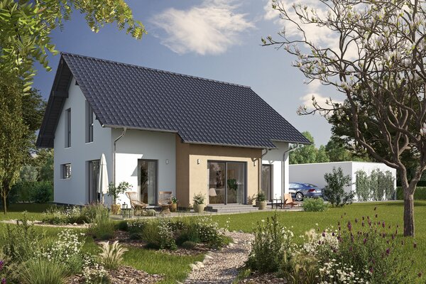 Fertighaus FingerHaus JUNO 200 mit heller Fassade, dunklem Satteldach und Gartenweg aus Kies, umgeben von blühenden Pflanzen und Rasen im Sonnenschein.