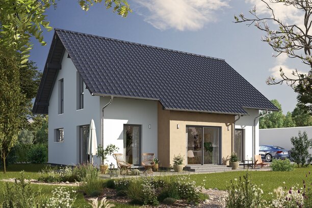 Fertighaus FingerHaus JUNO 200 mit heller Fassade, dunklem Satteldach und Gartenweg aus Kies, umgeben von blühenden Pflanzen und Rasen im Sonnenschein.