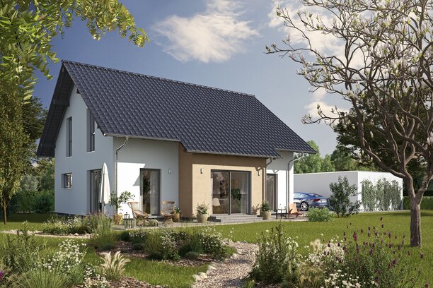 Fertighaus FingerHaus JUNO 200 mit heller Fassade, dunklem Satteldach und Gartenweg aus Kies, umgeben von blühenden Pflanzen und Rasen im Sonnenschein.