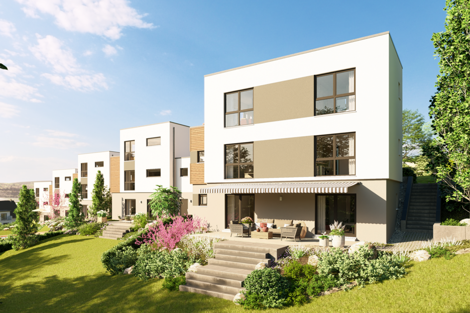 Moderne mehrgeschossige Wohngebäude mit Terrassen und gepflegter Gartenanlage an einem sonnigen Hang.