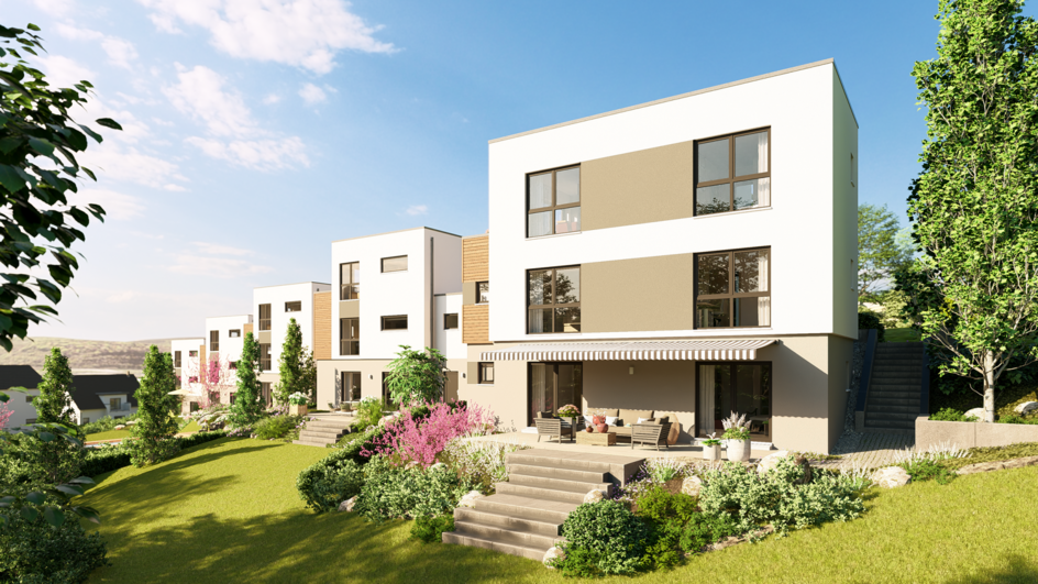 Moderne mehrgeschossige Wohngebäude mit Terrassen und gepflegter Gartenanlage an einem sonnigen Hang.