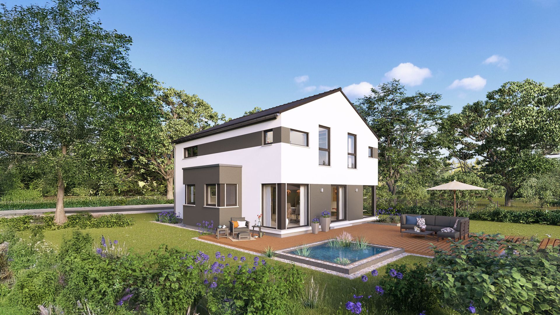 Modernes zweigeschossiges FingerHaus Fertighaus mit Flachdach und großem Garten mit Terrasse, Pool und Gartenmöbeln, umgeben von Bäumen