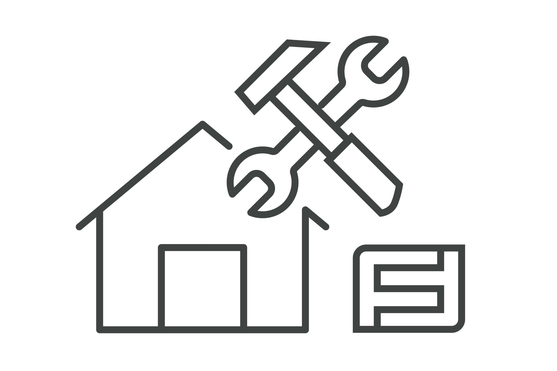 Icon eines Hauses mit Hammer und Schraubenschlüssel als Symbol für abgestimmte Heizungs-, Sanitär- und Elektroinstallation bei FingerHaus.