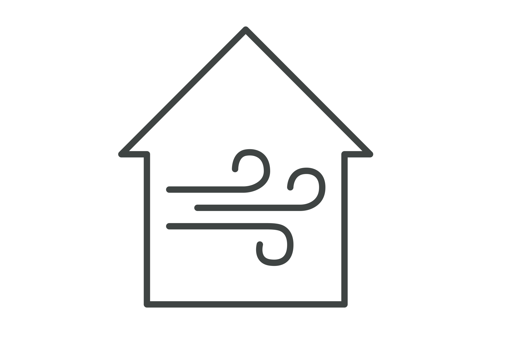 Icon eines Hauses mit Luftströmungen, Symbol für kontrollierte Wohnraumlüftung bei FingerHaus.