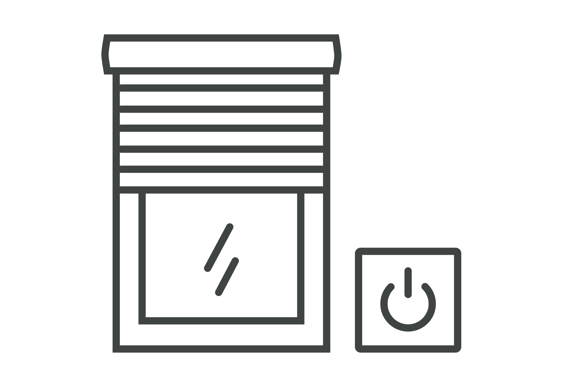 Icon eines elektrischen Rollladens mit Fenster und Power-Symbol zur Darstellung moderner Hausautomation.
