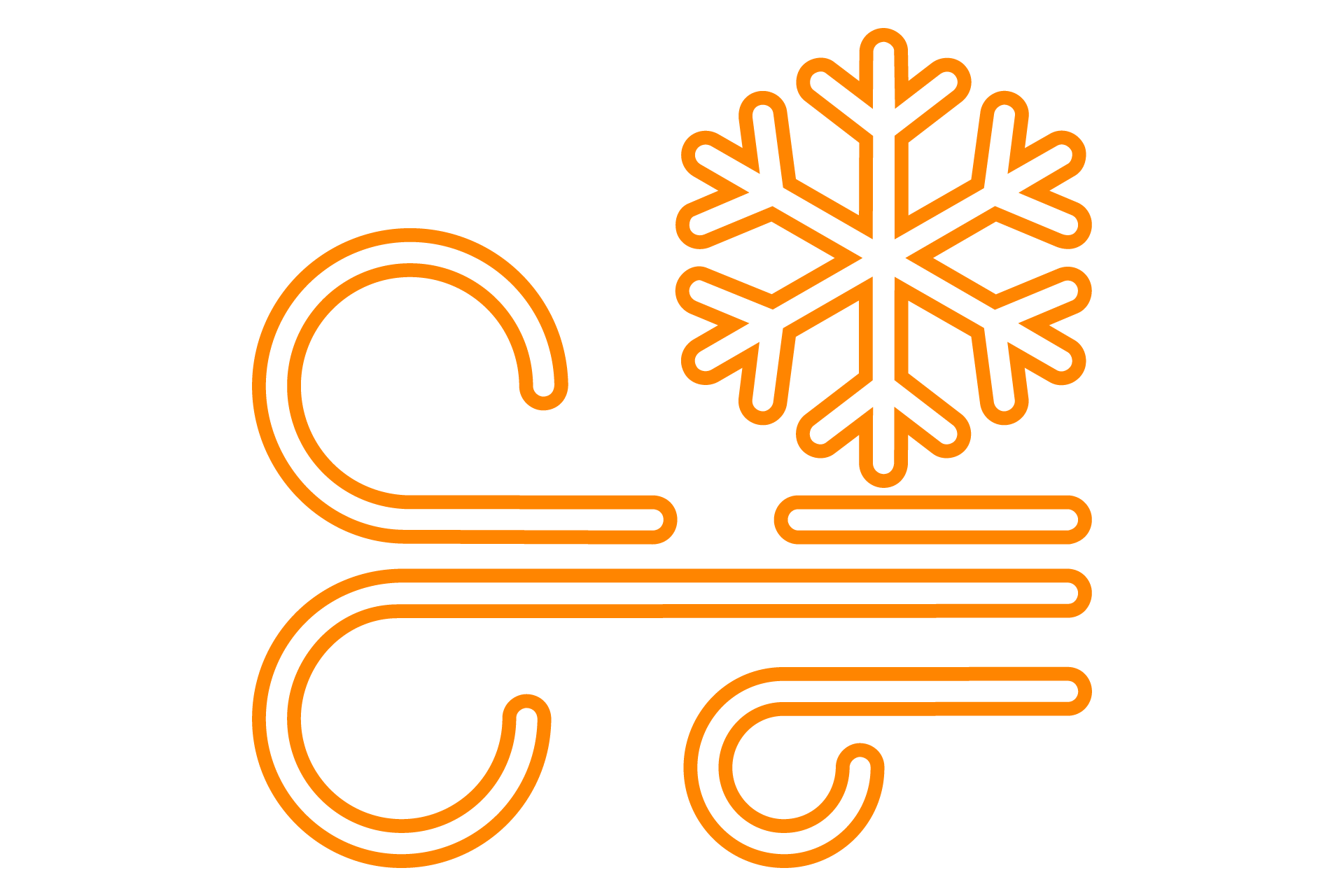 Orangefarbene Linienzeichnung eines stilisierten Schneeflockensymbols neben drei waagerechten Linien mit geschwungenen Enden, die Wind darstellen