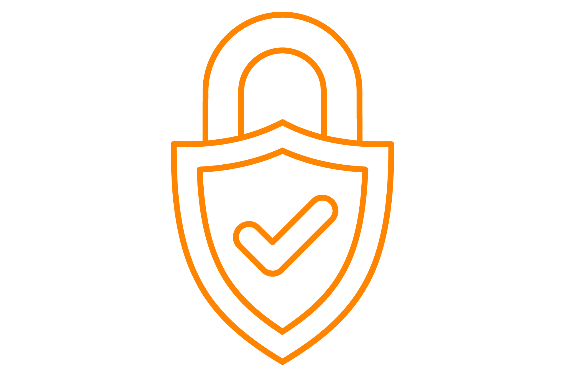 Orange-schwarzes Symbol eines Vorhängeschlosses mit integriertem Schild und Häkchen in der Mitte