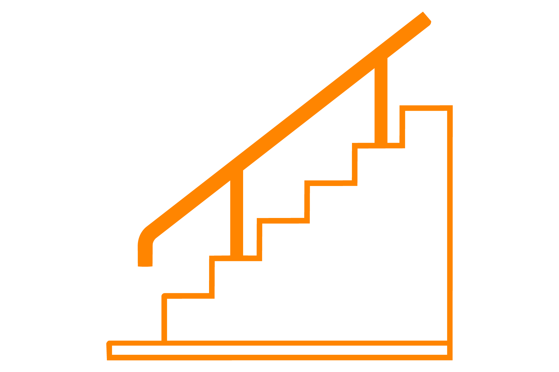 Schwarz-weiße Linienzeichnung einer Treppe mit orangefarbenem Geländer und Umriss