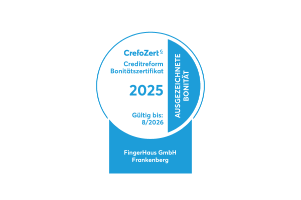 CrefoZert Bonitätszertifikat 2025 von Creditreform für die FingerHaus GmbH, ausgezeichnete Bonität bis August 2026.