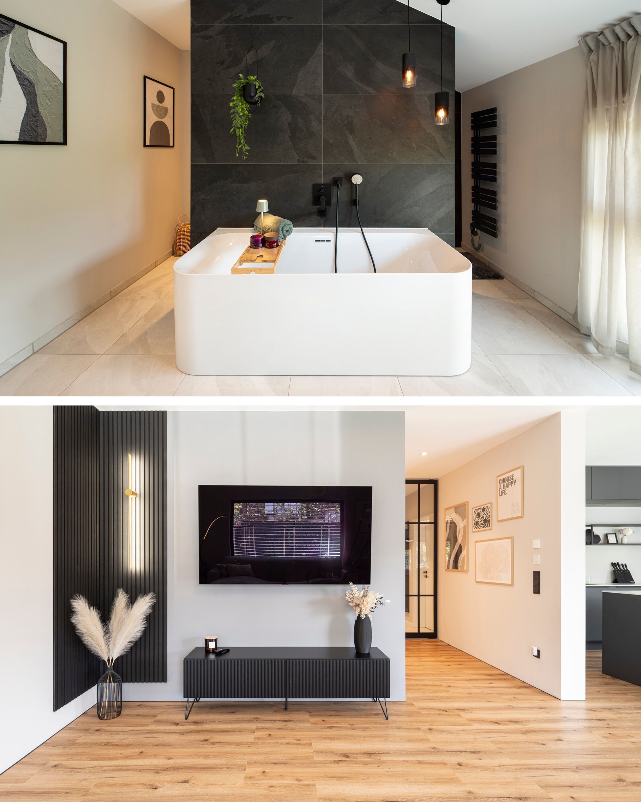 Modernes Badezimmer mit freistehender Badewanne sowie Wohnbereich mit TV-Wand im ausgezeichneten FingerHaus auf Basis des Hauskonzepts DUO, prämiert als „Haus des Jahres 2026“.