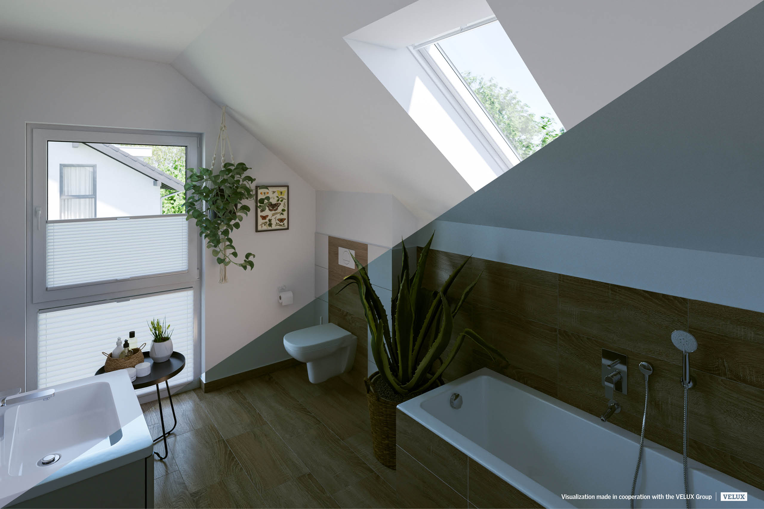 Modernes Badezimmer mit Dachschräge, Badewanne, wandhängendem WC, Waschbecken und großen Fenstern mit Plissees