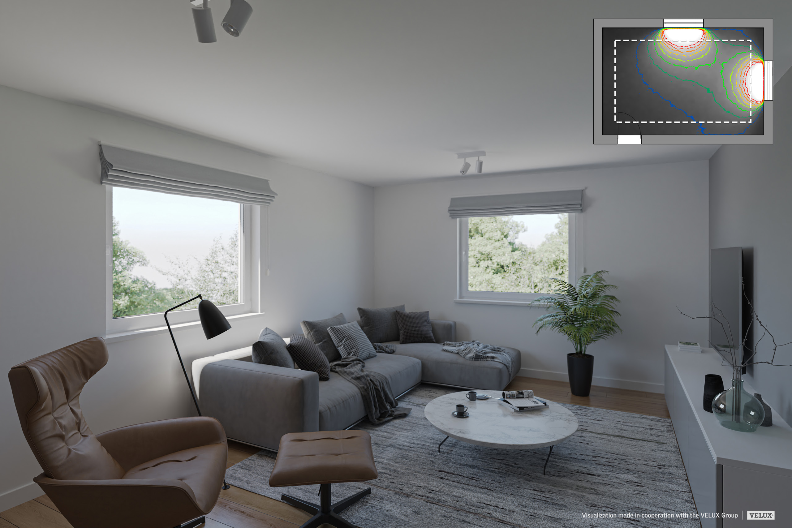 Wohnzimmer mit zwei Fenstern, grauem Sofa, braunem Sessel mit Hocker, runden Couchtisch, großem Teppich, Stehlampe und TV auf Sideboard