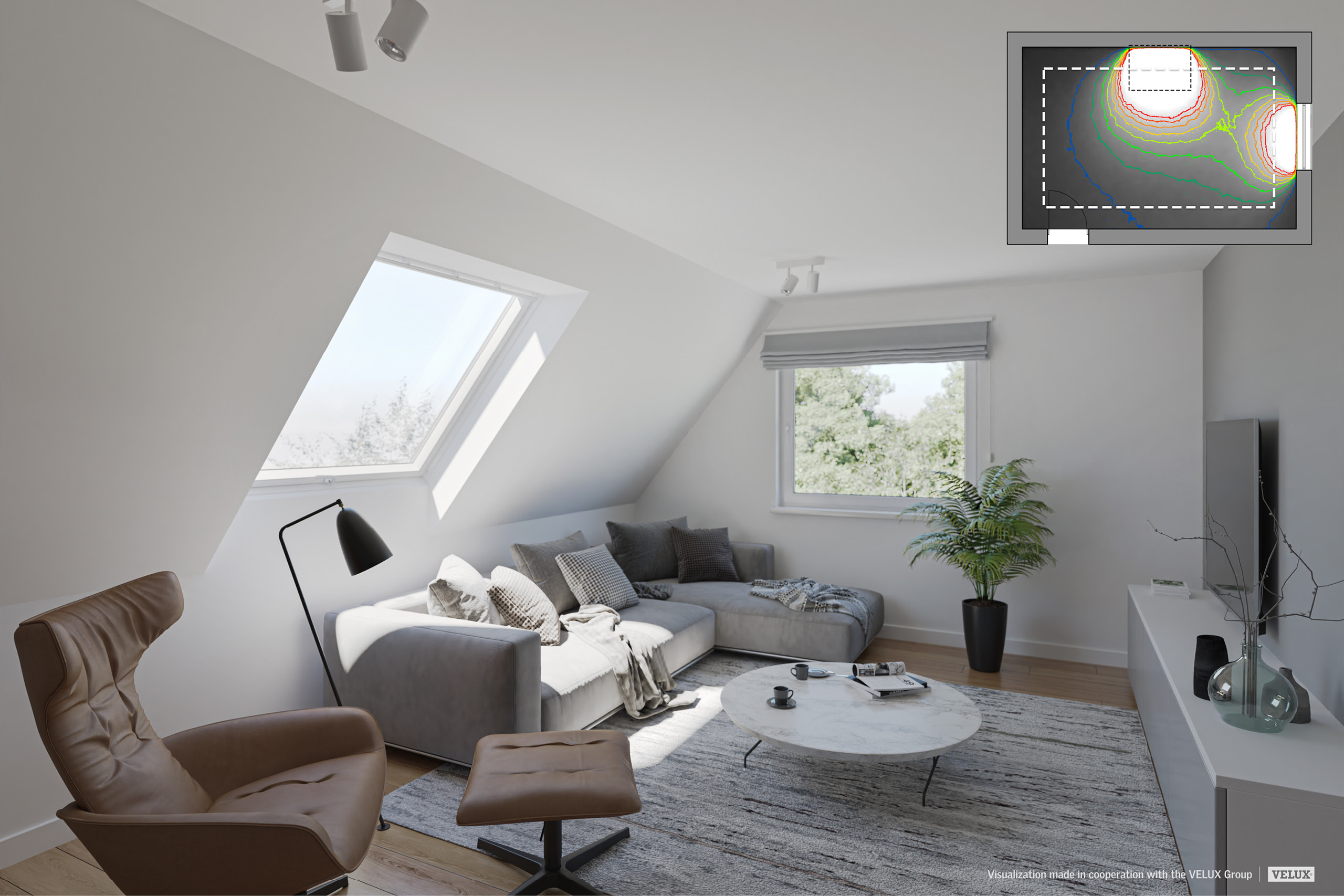 Helles Wohnzimmer mit Dachschräge, grauem Sofa, braunem Sessel mit Hocker, rundem Couchtisch, Teppich, großem Fenster, Dachfenster und Pflanze neben dem Fernseher